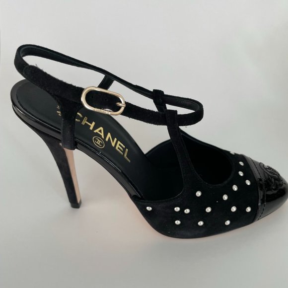 Chanel Black Satin Pearl Embellished CC  Pumps Size 37 C (Size 5.5 US Women's) - Picture 4 of 10